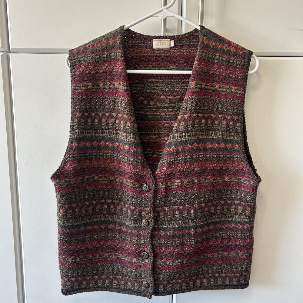 Vintage ALPS Knit Button Front Sweater Vest Multicolor Fair Isle Mens Large L